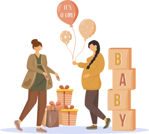 Pregnant Women With Gifts Flat Vector Illustration Baby Shower Party Mothers Waiting Of Baby Girl Ladies Preparing To Maternity Isolated Cartoon Characters On White Background 일러스트레이션