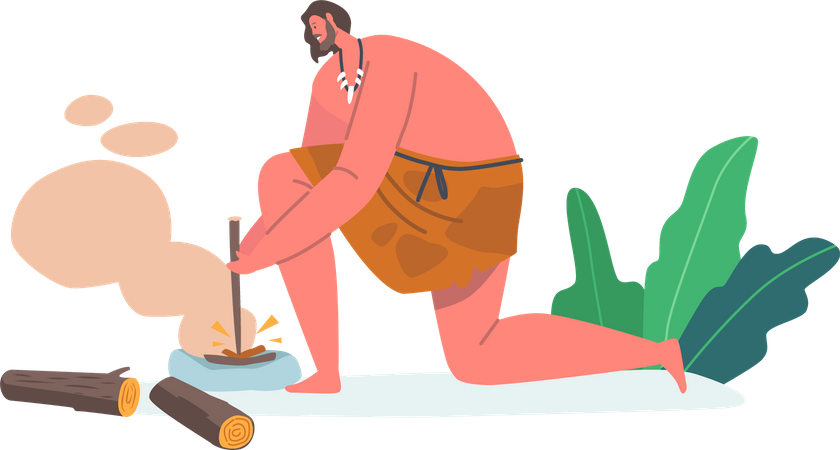 Prehistoric Ages Man Light a Fire Using Tools  Illustration