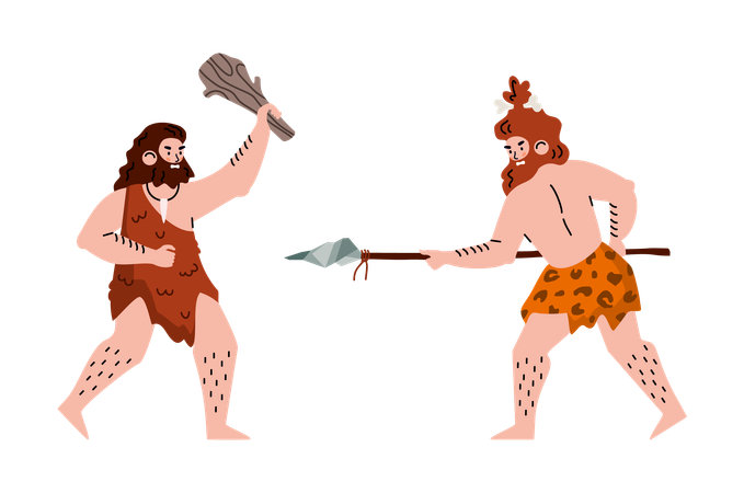 Prehistoric caveman stone age fighting with primitive weapon  Illustration