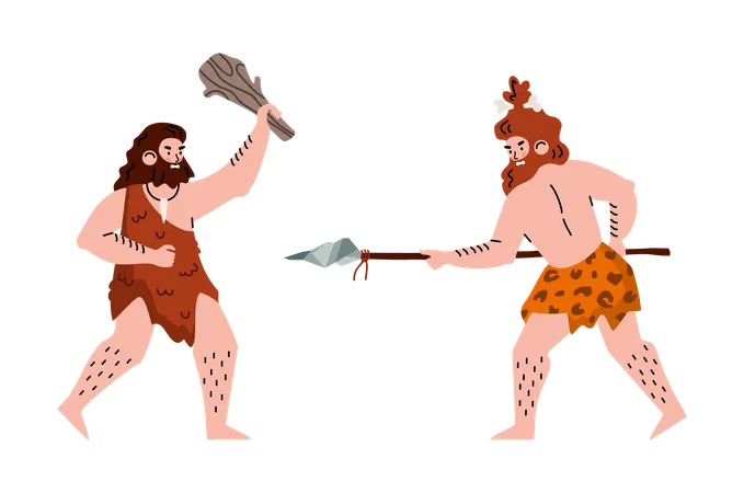 Prehistoric caveman stone age fighting with primitive weapon  Illustration