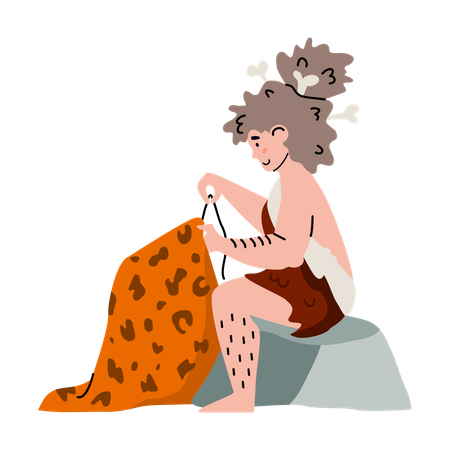 Prehistoric neanderthal woman sewing  Illustration