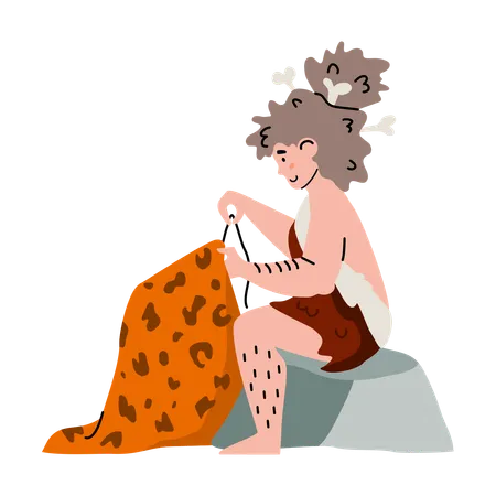 Prehistoric neanderthal woman sewing  Illustration