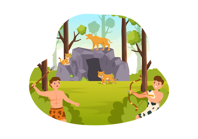 Prehistoric Stone Age people hunting  Illustration