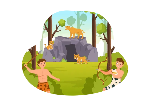 Prehistoric Stone Age people hunting  Illustration