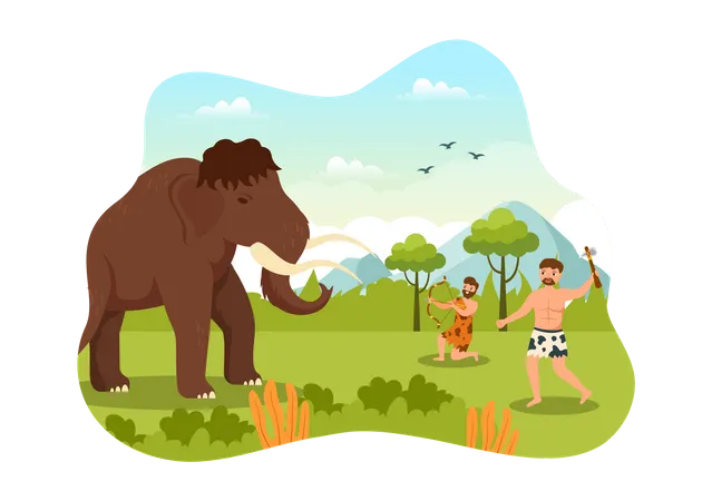 Prehistoric Stone Age Tribes Hunting elephant  Illustration