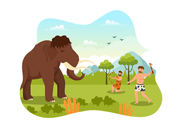 Prehistoric Stone Age Tribes Hunting elephant  Illustration