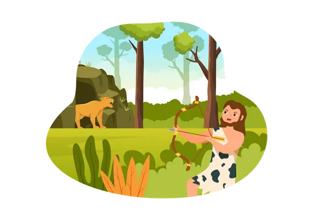 Prehistoric Stone Age woman hunting  Illustration