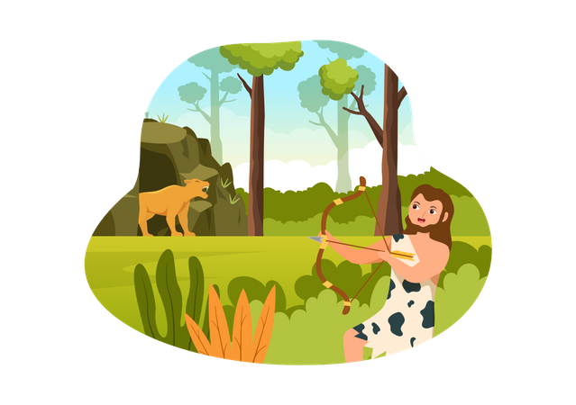 Prehistoric Stone Age woman hunting  Illustration