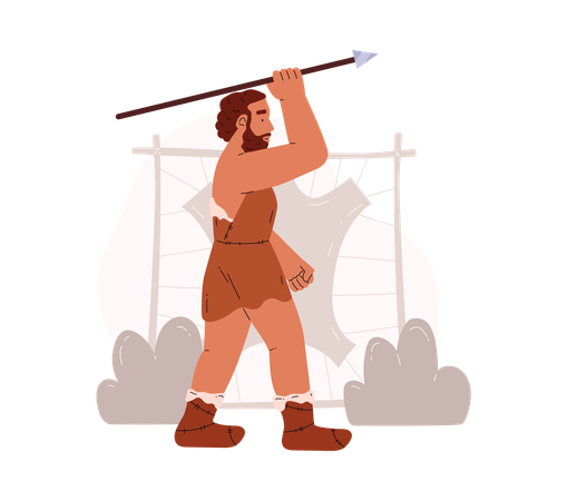 Prehistoric strong warrior dressed in animal skins holding spear  Illustration