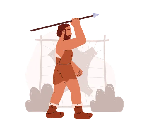 Prehistoric strong warrior dressed in animal skins holding spear  Illustration