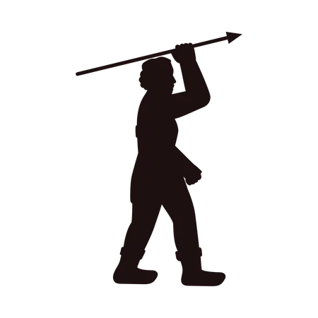 Prehistoric strong warrior dressed in animal skins holding spear  Illustration