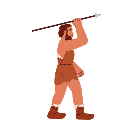 Prehistoric strong warrior dressed in animal skins holding spear  Illustration