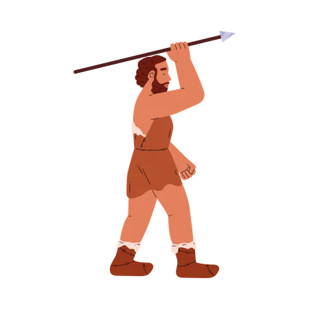 Prehistoric strong warrior dressed in animal skins holding spear  Illustration