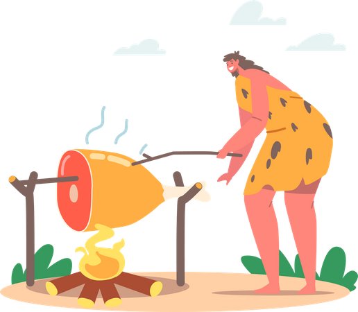 Prehistoric Woman Frying Meat on Bonfire Illustration