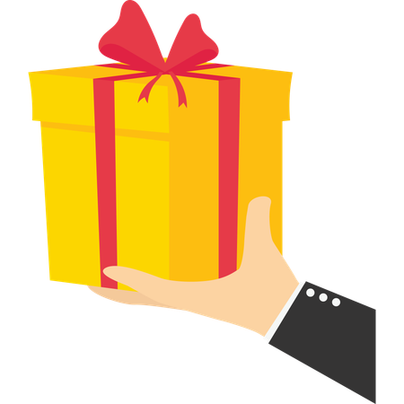 Premio extra. La mano grande da una caja de regalo. vector  Ilustración