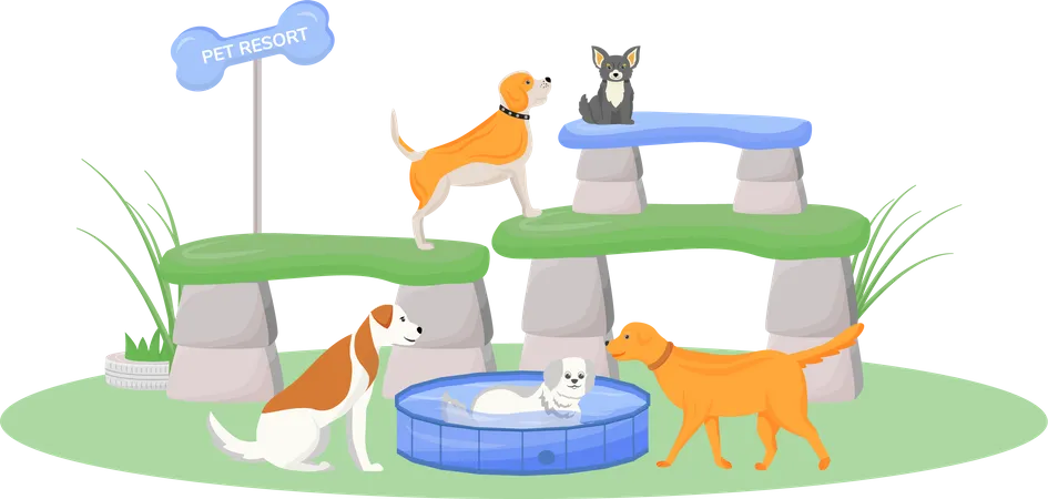 Premium Pet Resort Flat Color Vector Character Puppy Swim In Pool Domestic Pets Play In Day Care Pet Sitting Service Dogs Isolated Cartoon Illustration For Web Graphic Design And Animation Illustration