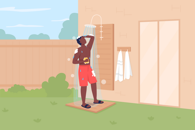 Prendre une douche dans le jardin  Illustration