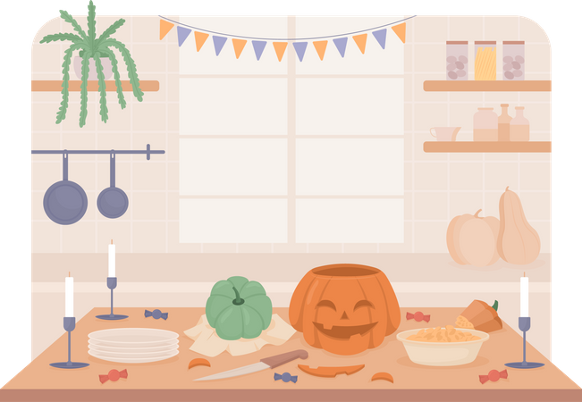 Preparación de Halloween en casa.  Ilustración