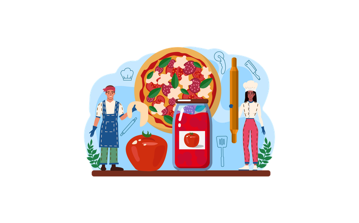 Preparando una deliciosa pizza  Ilustración