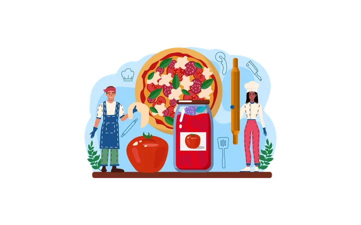 Preparando una deliciosa pizza  Ilustración