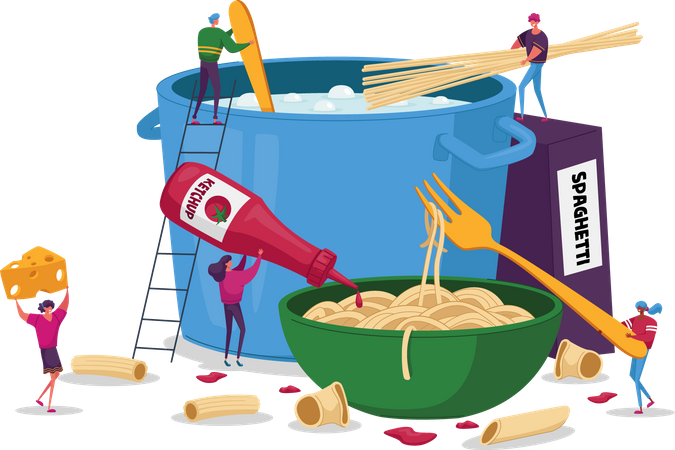 Preparando macarrão espaguete italiano  Ilustração