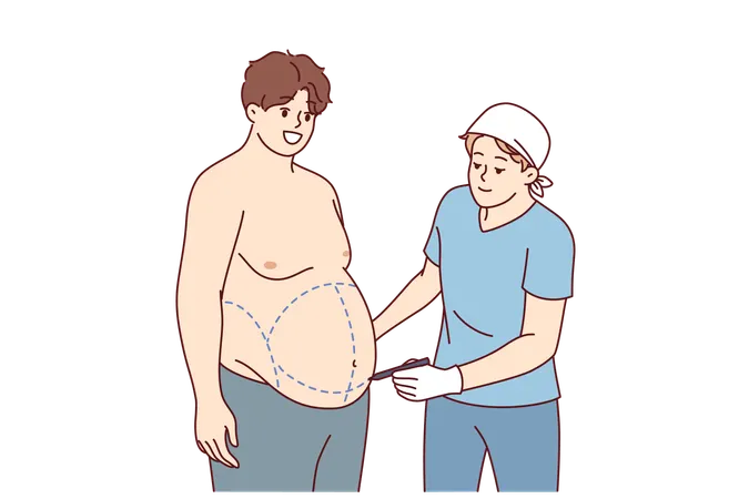 Preparation for liposuction for fat man who wants to get rid of excess weight and saggy belly  Illustration