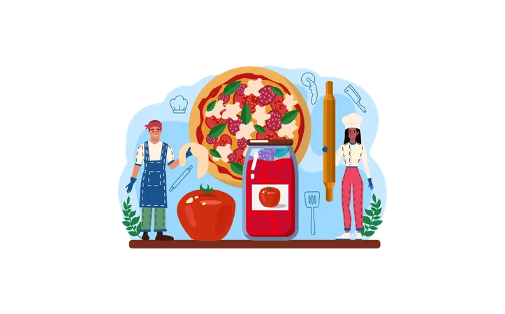 Pizzeria Web Banner Or Landing Page Chef Cooking Tasty Delicious Pizza Italian Food Salami And Mozarella Cheese Tomato Slice Isolated Vector Illustration In Cartoon Style Illustration