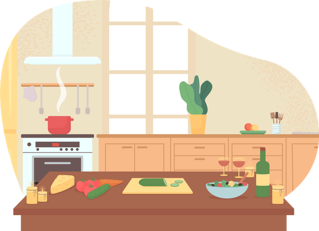 Preparing romantic dinner in home kitchen Illustration