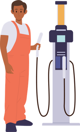 Préposé au carburant de station-service en tenue de travail, debout à proximité du réservoir de pompe pour le ravitaillement en carburant de la voiture  Illustration