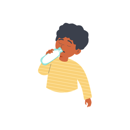 Preschool boy drinking milk holding bottle  Illustration