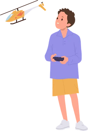 Preschool boy having fun playing remote controlled helicopter toy  Illustration