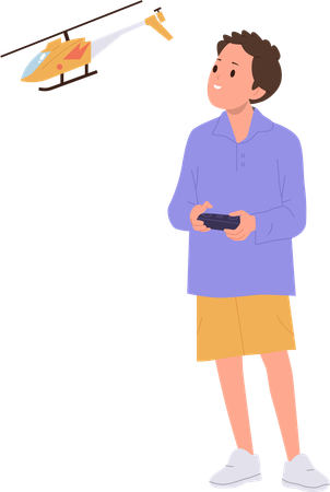 Preschool boy having fun playing remote controlled helicopter toy  Illustration