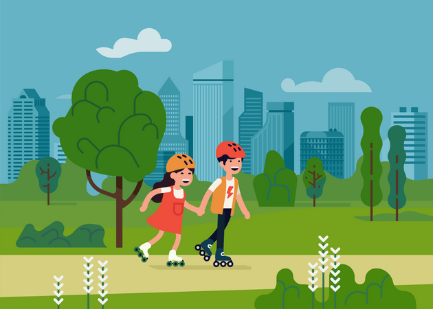 Preschool girl and boy enjoying their selves in park riding skates  Illustration