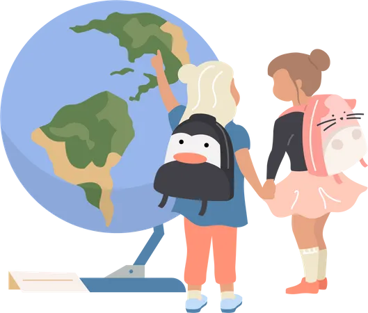 Preschool Girls In Planetarium Flat Color Vector Faceless Character Children Look At Earth Sphere Astronomy Exhibition Isolated Cartoon Illustration For Web Graphic Design And Animation Illustration