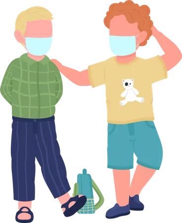 Preschool Kids In Face Masks Flat Color Vector Faceless Characters Children Talk New Normal During Covid Pandemic Isolated Cartoon Illustration For Web Graphic Design And Animation Illustration