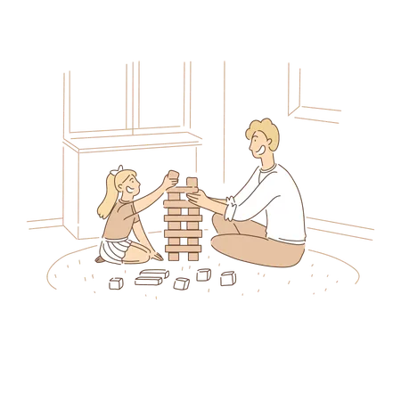 Father Playing With Child Dad And Daughter Preschooler Constructing Tower From Wooden Cubes Blocks Banner Toys For Developing Logical Thinking Concept Cartoon Sketch Flat Vector Illustration Illustration