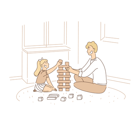 Preschooler Constructing Tower From Wooden Cubes  イラスト