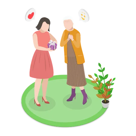 3 D Isometric Flat Vector Illustration Of Present To Elderly Mother Friendly Family Relationship Illustration