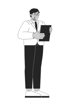 Presentador de un programa de televisión masculino tenso sosteniendo un portapapeles  Ilustración