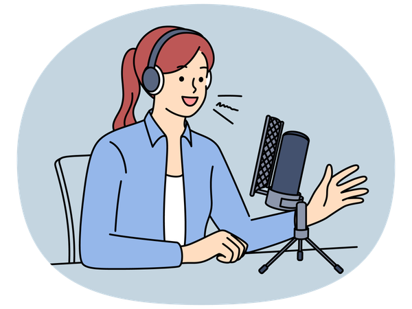 Presentadora femenina con auriculares hablando por micrófono  Ilustración