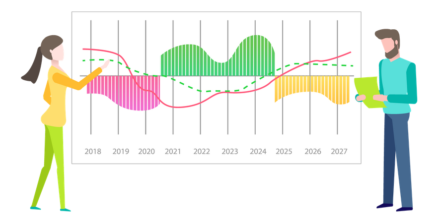 Los presentadores muestran indicadores estadísticos y datos en el diagrama.  Ilustración