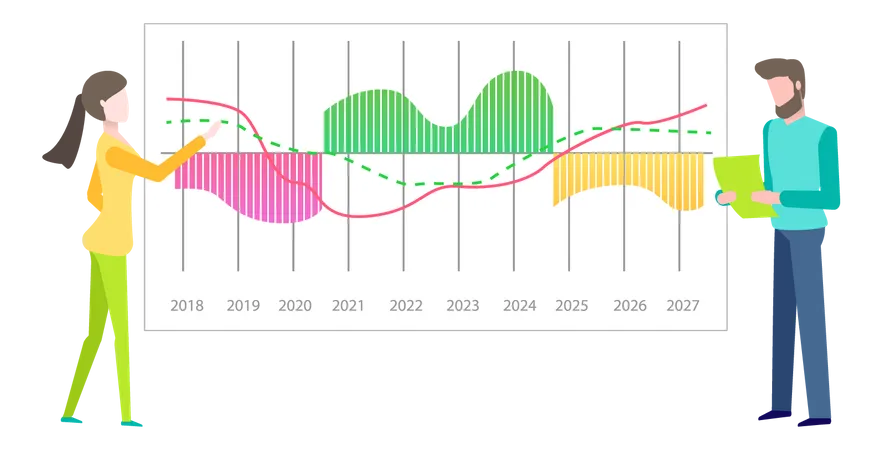 Los presentadores muestran indicadores estadísticos y datos en el diagrama.  Ilustración