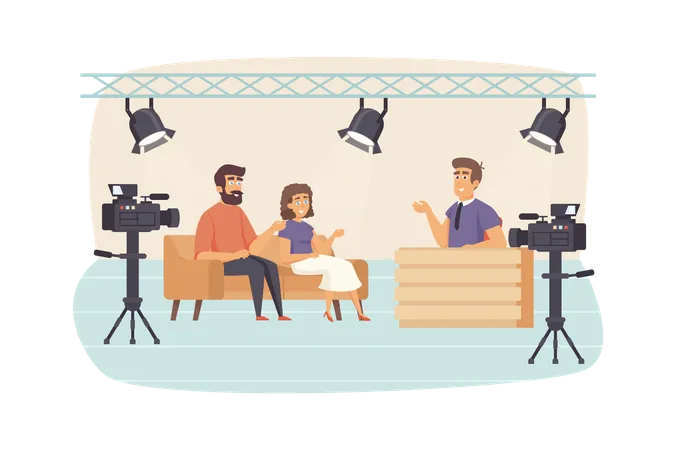 Présentateur interviewant des invités au studio, caméras enregistrant des vidéos  Illustration