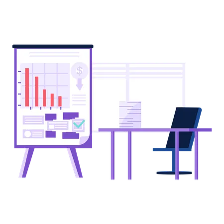 Presentation board in office workplace with computer desk and documents  Illustration