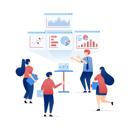 Les participants à la présentation commerciale analysent les graphiques de stratégie et de planification  Illustration