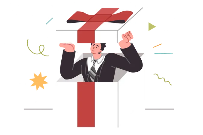 Presente de negócios com homem dentro de caixa gigante decorada com laço vermelho  Ilustração
