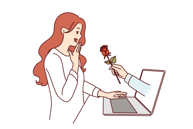 Flor de presente de um fã de internet na tela do laptop perto de uma mulher entusiasmada usando um site de namoro  Ilustração