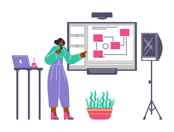 Presenter pointing at chart board during online presentation  Illustration