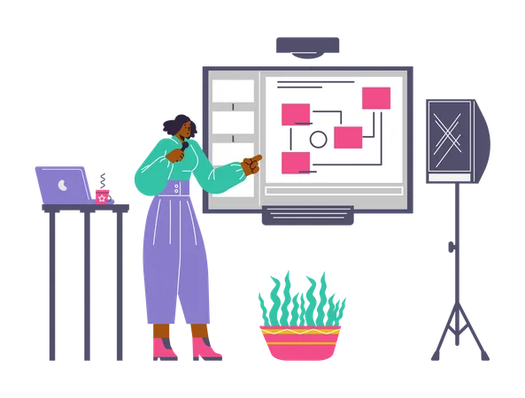 Presenter pointing at chart board during online presentation  Illustration