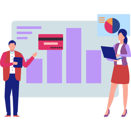 Presenters explaining debit card usage rates  Illustration